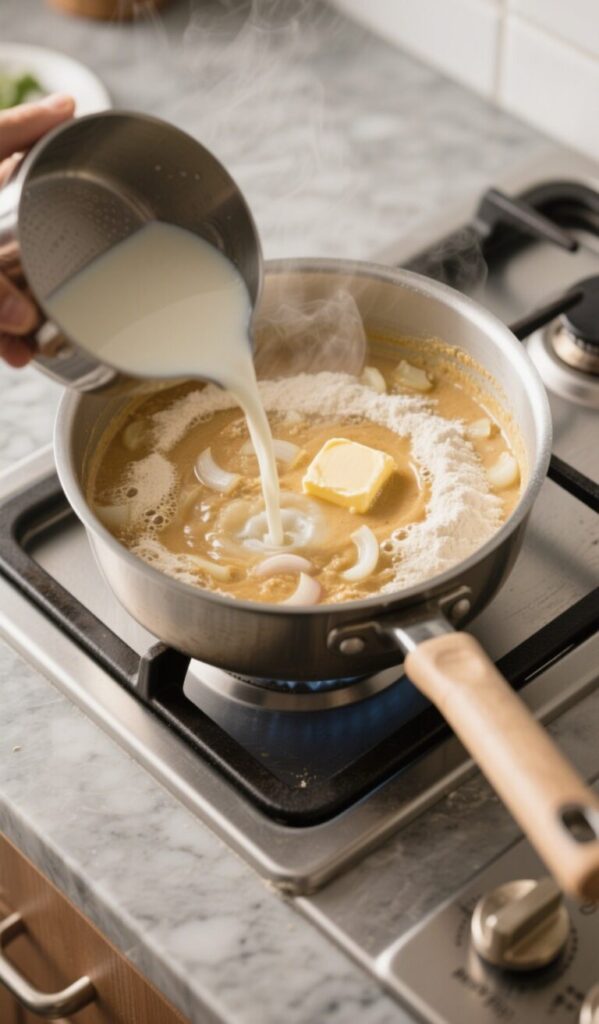  pouring milk into a saucepan with melting butter, diced onions, and flour, cooking on a stove for homemade chicken pot pie.