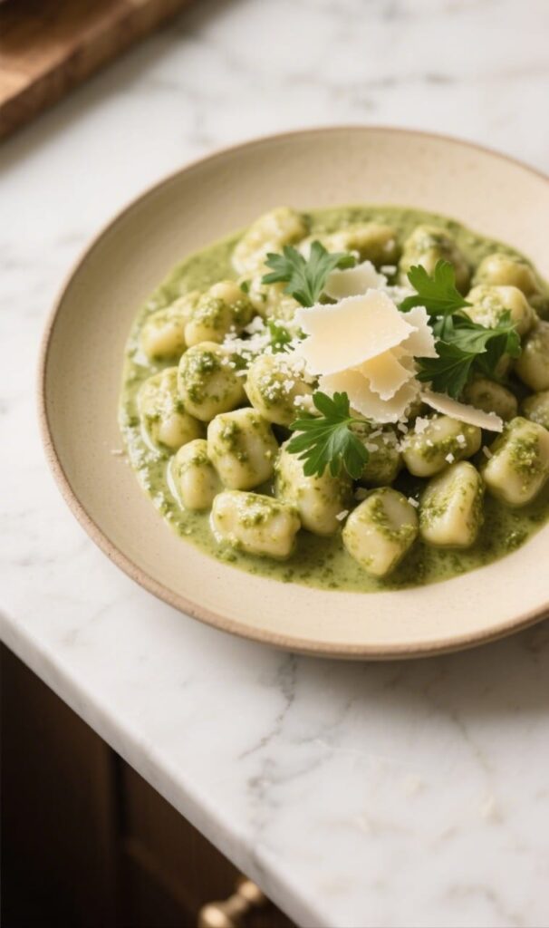 Creamy pesto gnocchi served on plate