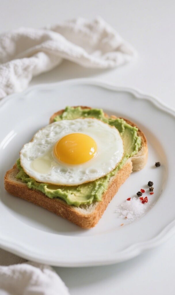 Avocado toast with egg and red pepper flakes on sourdough bread

