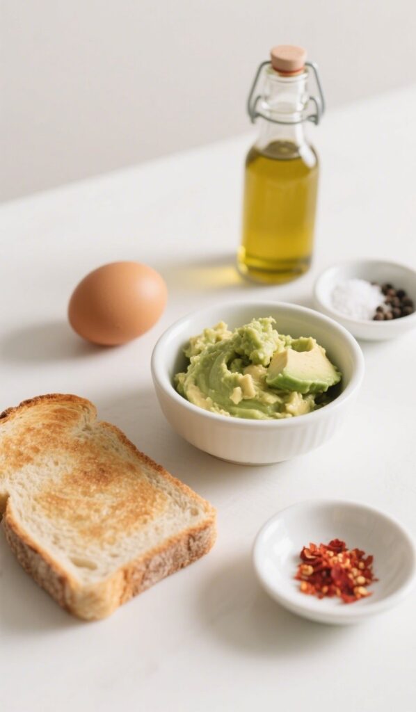 Ingredients for avocado toast with egg including avocado, egg, bread, and seasonings on a rustic surface