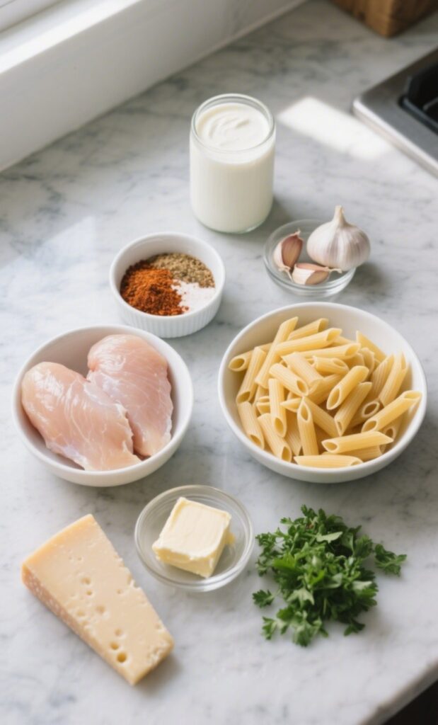 Ingredients for Cajun chicken pasta 