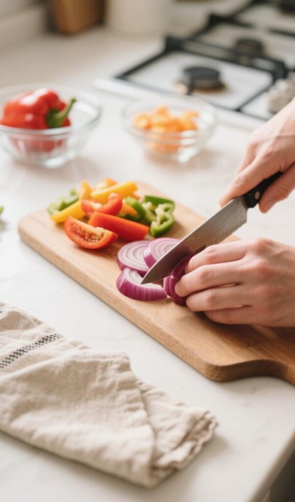 Hand slicing bell peppers and onion on a wooden board in a bright kitchen.