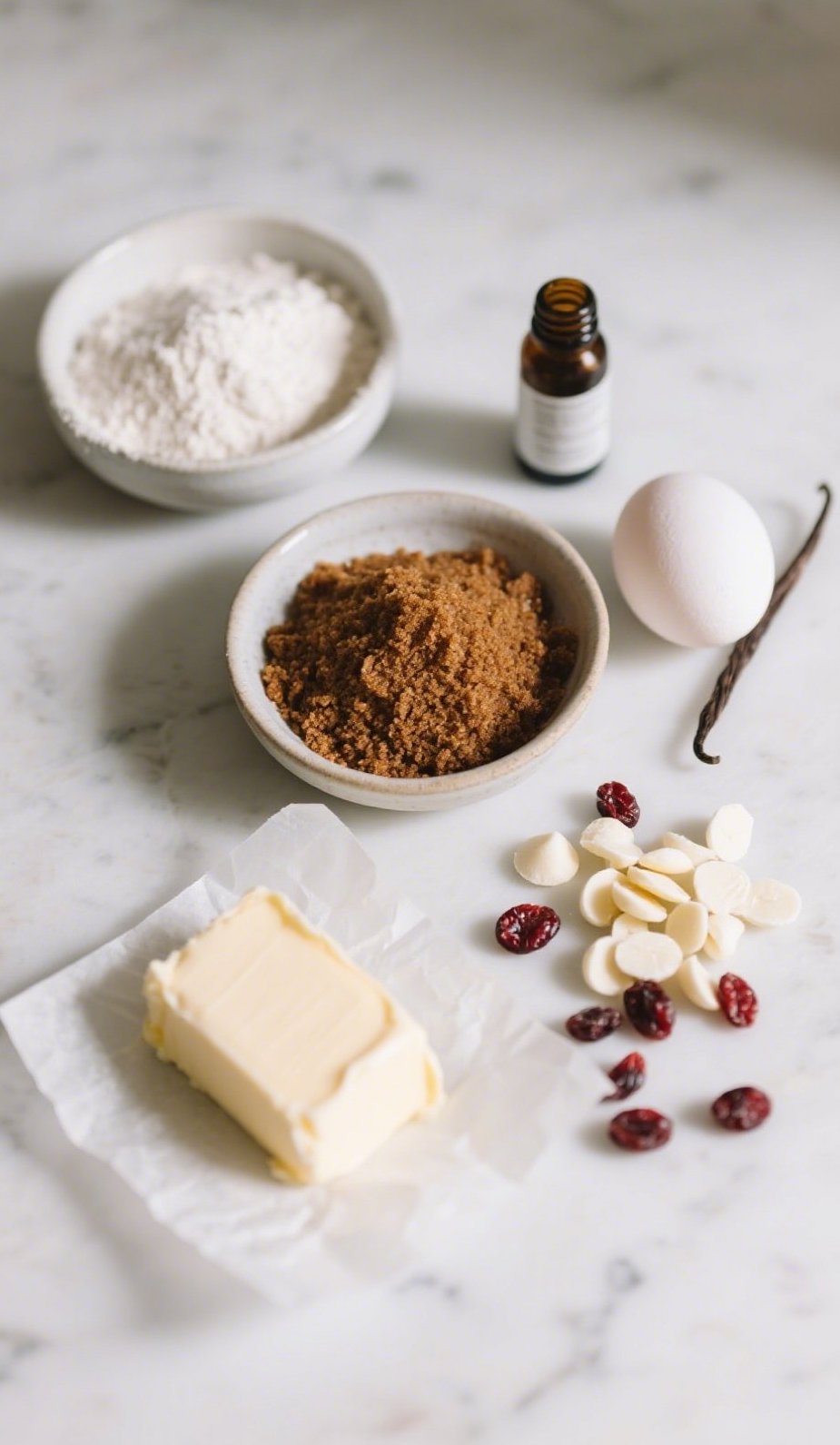 White chocolate cranberry cookie ingredients on counter