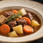 Cozy stew with vegetables in a rustic bowl on a black background