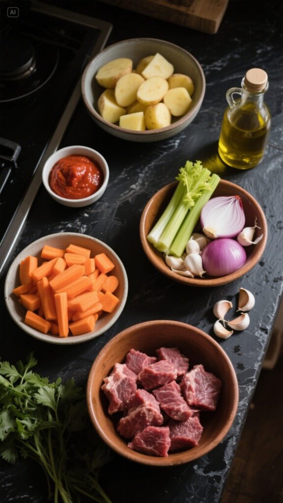 Raw cozy stew ingredients on black kitchen counter – carrots, potatoes, beef, and herbs