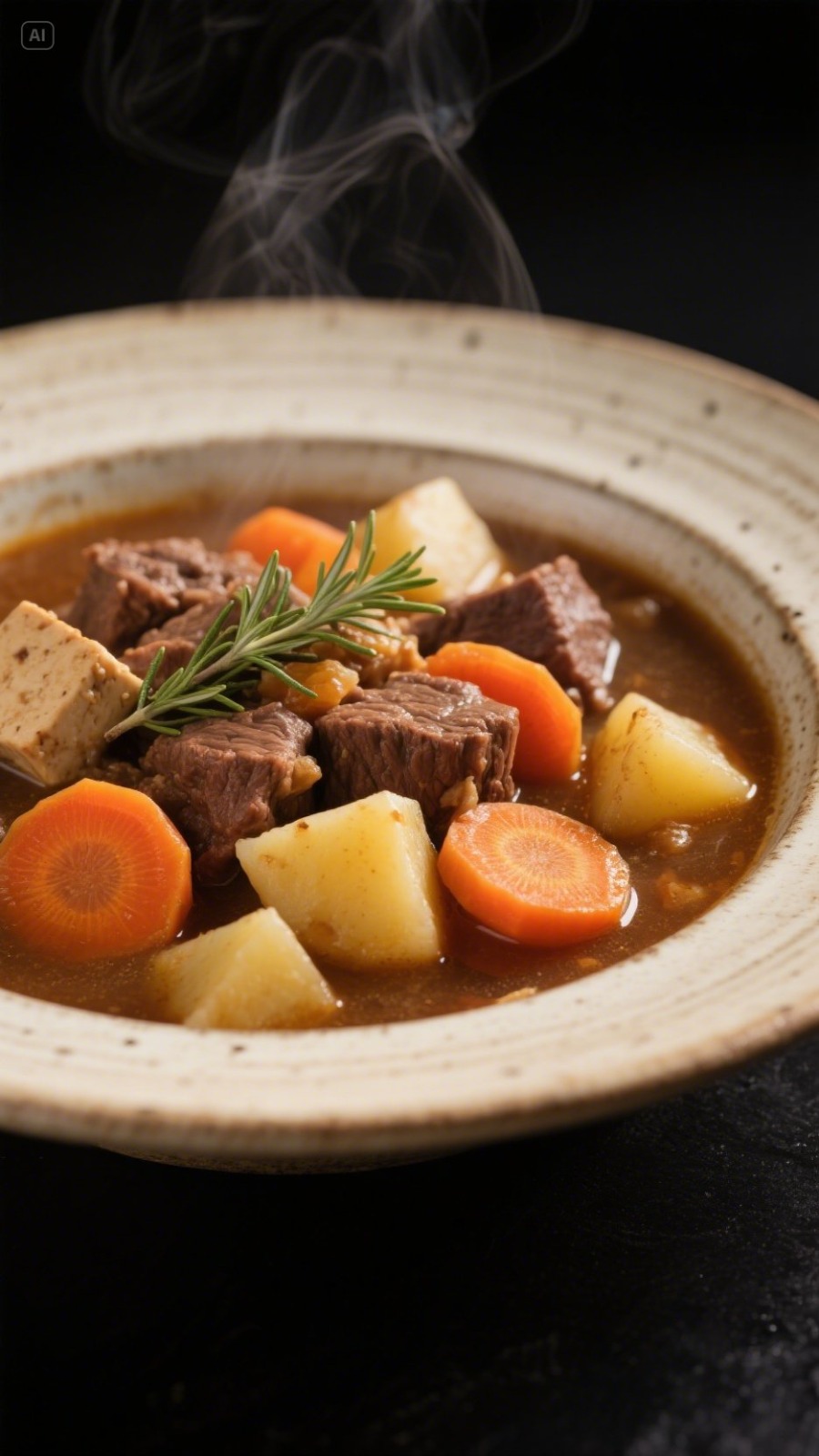 Cozy stew with vegetables in a rustic bowl on a black background