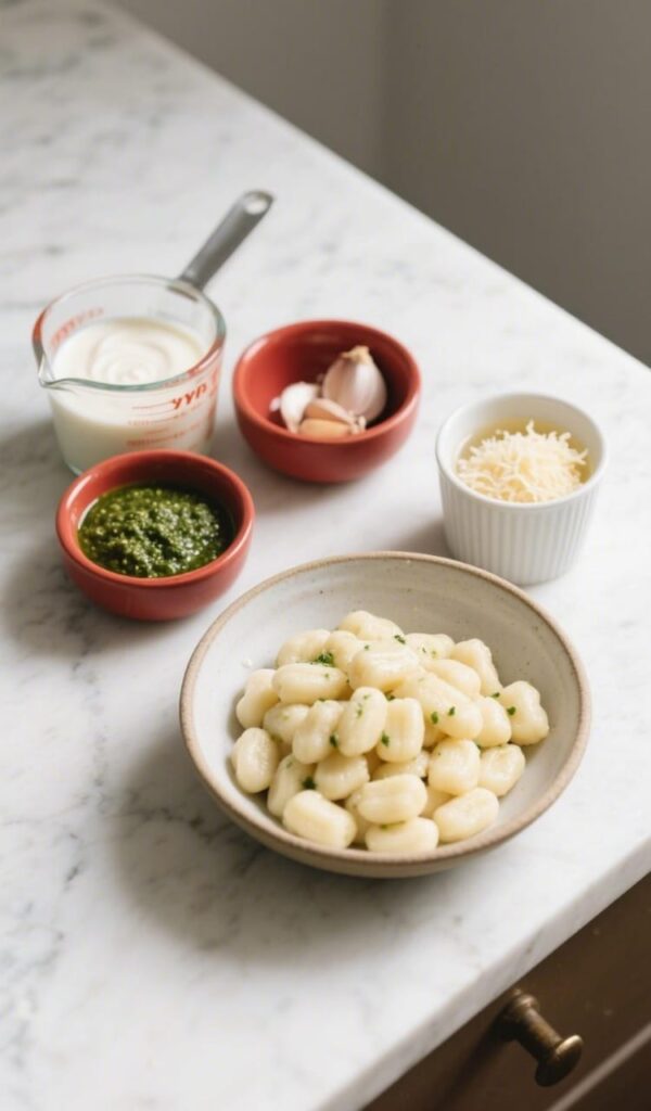 Ingredients for creamy pesto gnocchi
