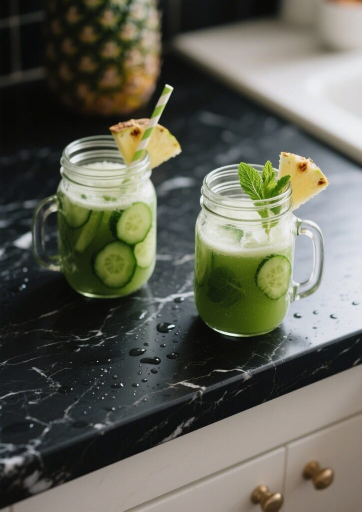 storing pineapple cucumber mint juice in jars on marble