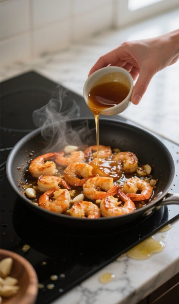 Pouring honey garlic sauce over shrimp in pan