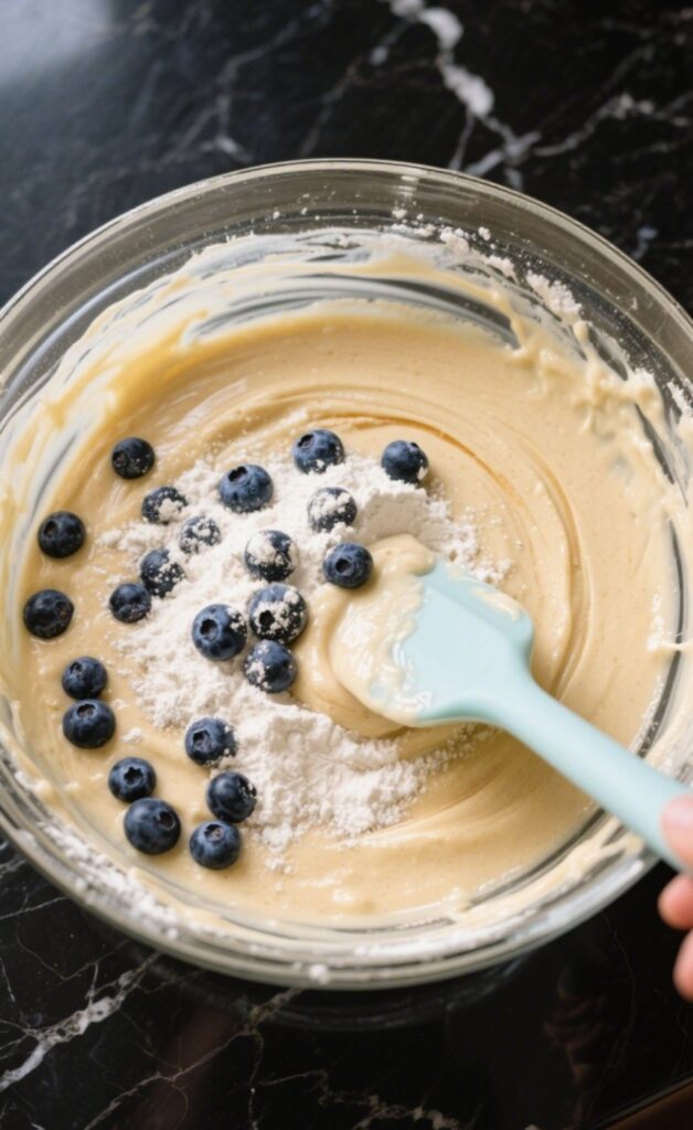 Mixing blueberry pancake batter 