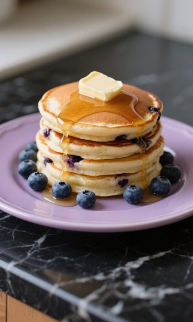 Blueberry pancakes served on violet plate over marble
