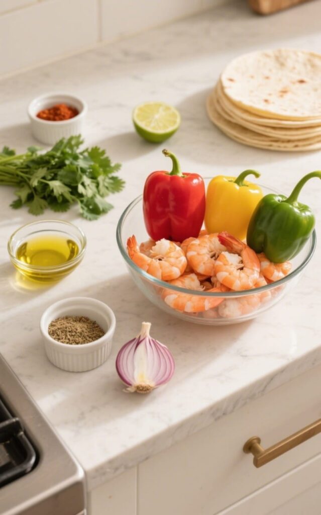  Fresh shrimp fajitas ingredients on a white counter: peppers, shrimp, onion, lime, spices, tortillas.
