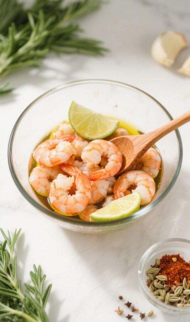 Shrimp marinating with garlic, lime, oil, and spices in a glass bowl.