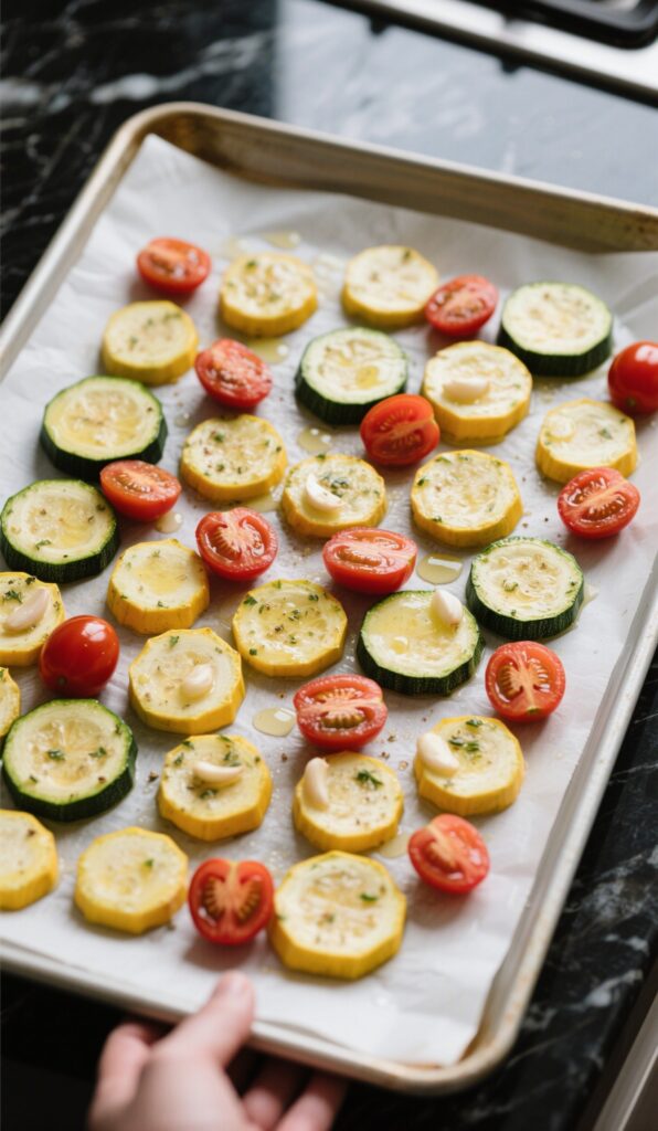 Vegetables arranged evenly on parchment-lined baking sheet