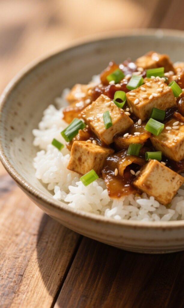 tofu stir-fry served with rice in bowl