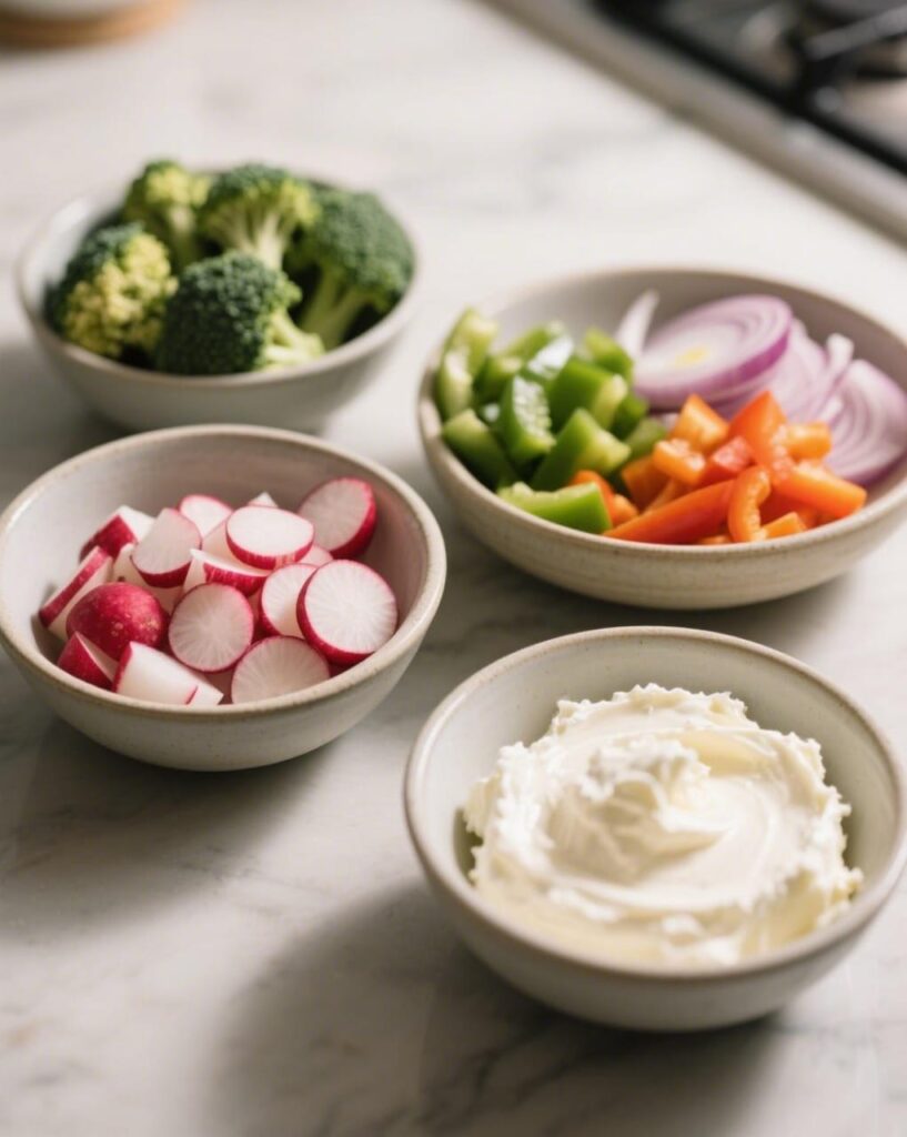  Prepped toppings for making veggie pizza

