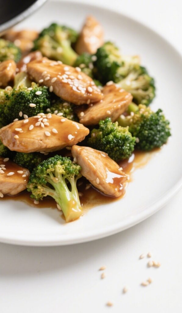 Chicken and broccoli stir fry in glossy sauce