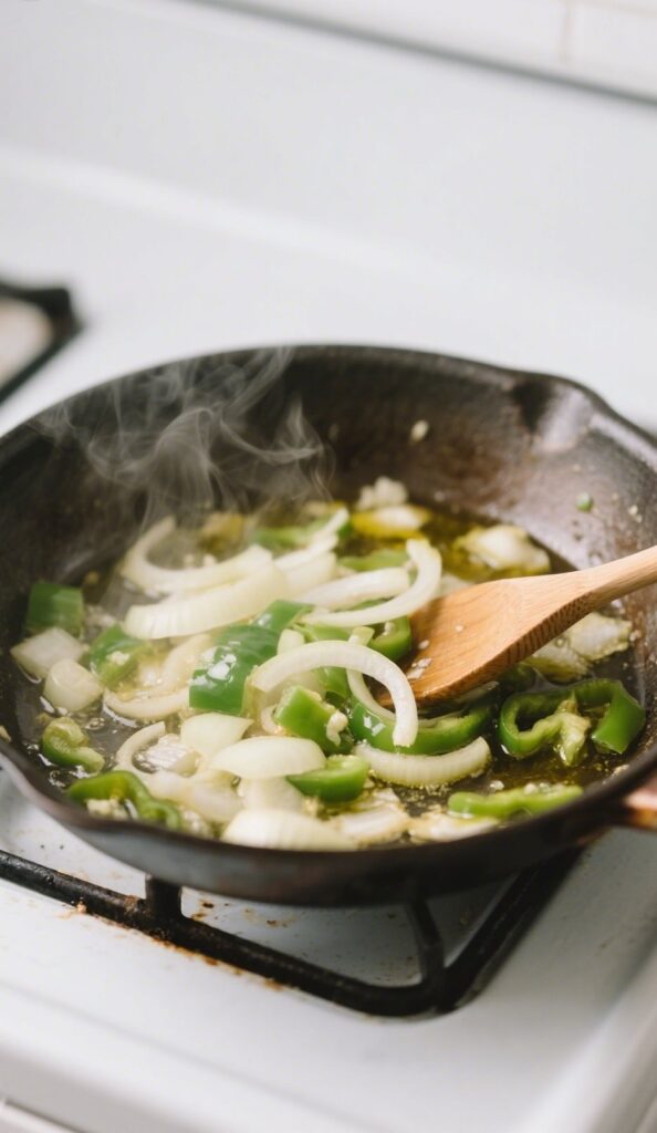 Cooking Menemen with sautéed peppers and onions