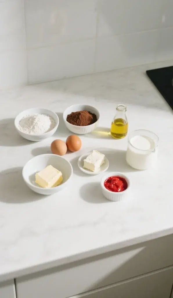 All ingredients for red velvet cake measured and arranged on a white surface, including flour, eggs, cocoa, butter, and cream cheese.