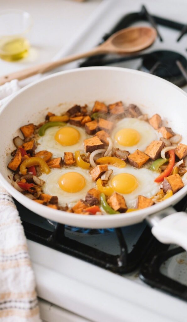 cooking sweet potato hash in skillet