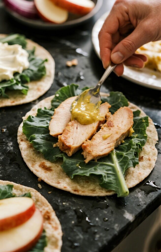 Spreading mayonnaise and Dijon mustard onto kale leaves while preparing Chicken and Apple Kale Wraps