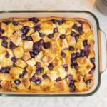 Freshly baked blueberry French toast casserole in dish