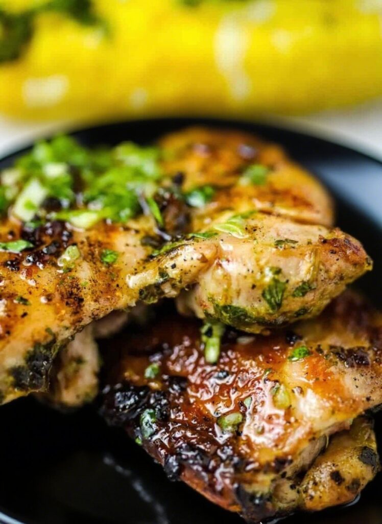 Grilled chimichurri chicken thighs with fresh herbs and vegetables
