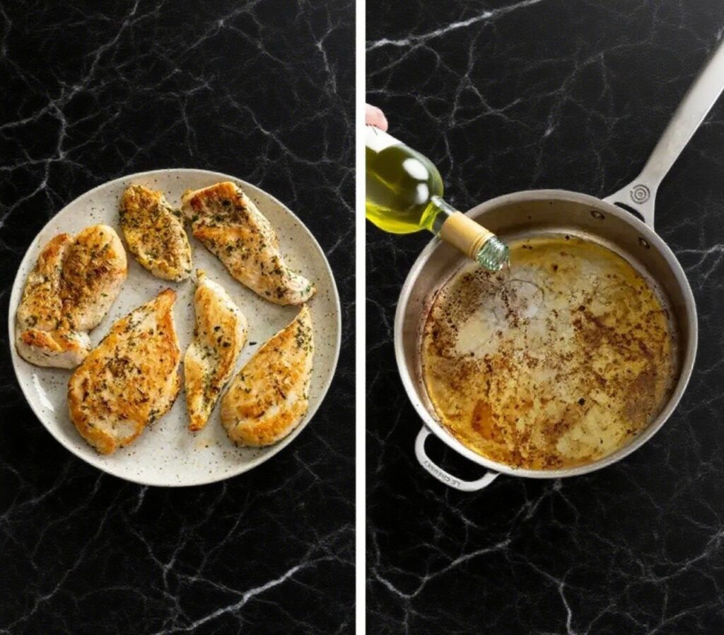 Preparing Garlic Parmesan Chicken: Chicken breasts seasoned with salt, pepper