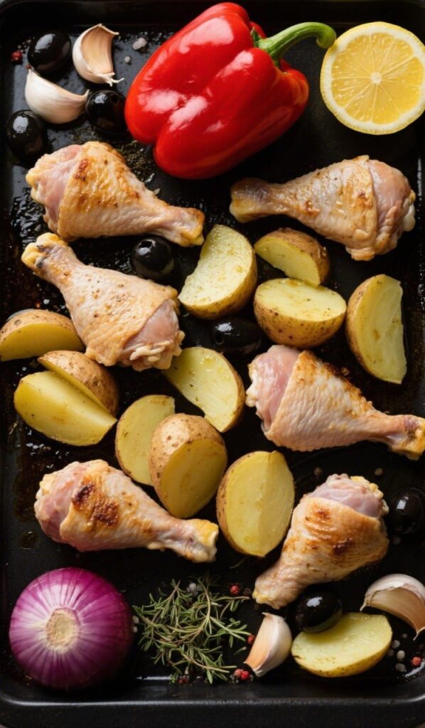 Pour cette recette, on mise sur la fraîcheur et la simplicité :

Blancs de poulet

Pommes de terre

Poivrons rouges

Oignons rouges

Olives noires

Citron frais

Huile d’olive, ail, origan, sel & poivre