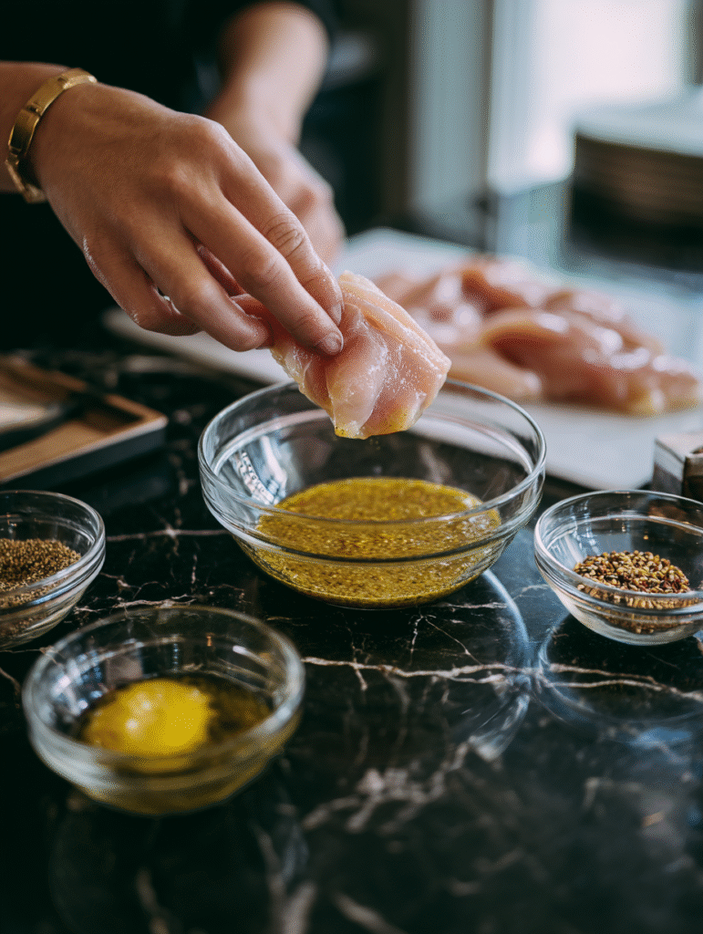dipping chicken strip into mustard honey mixture for Crispy Mustard Chicken Tenders