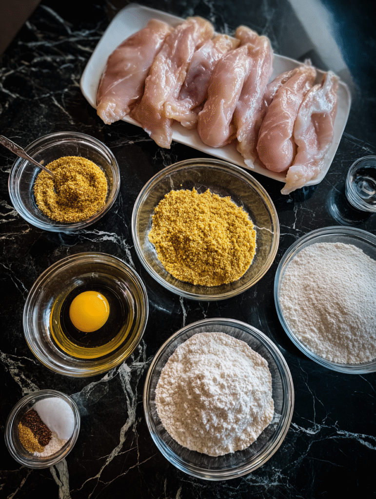 Crispy Mustard Chicken Tenders ingredients in glass bowls on black marble kitchen countertop