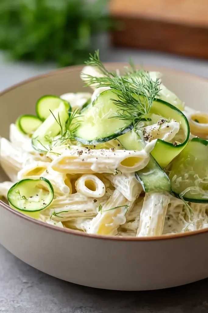Fresh Healthy Cucumber Pasta Salad Served in a Bowl