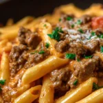 High Protein Creamy Beef Pasta in a Bowl