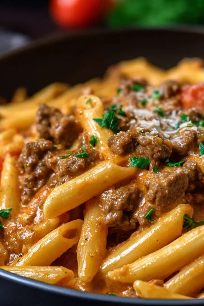 High Protein Creamy Beef Pasta in a Bowl