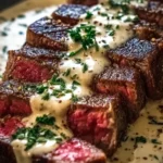 Juicy Steak with Creamy Garlic Sauce Served on a Plate