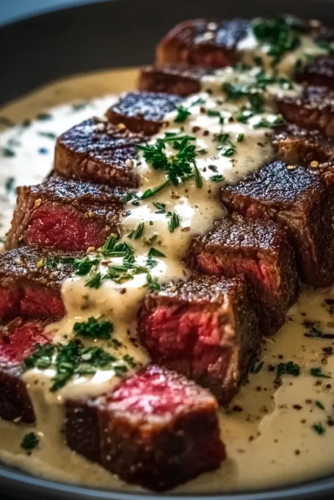 Juicy Steak with Creamy Garlic Sauce Served on a Plate