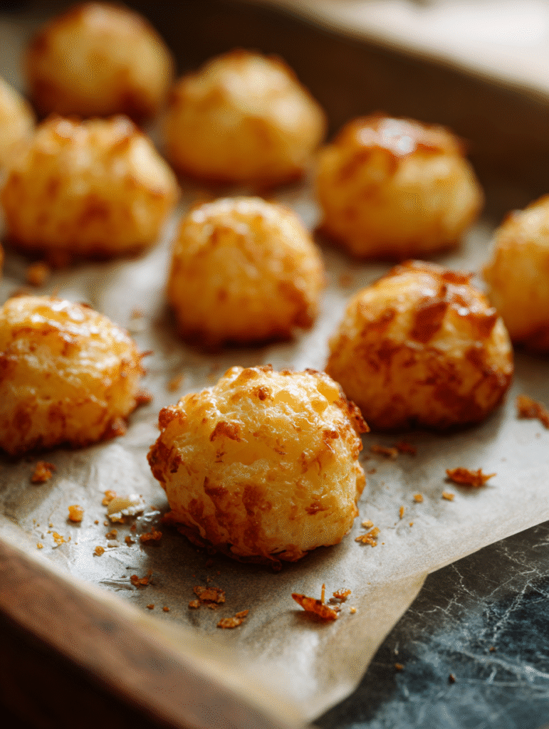 Golden brown Mashed Potato Cheese Puffs on a parchment-lined baking