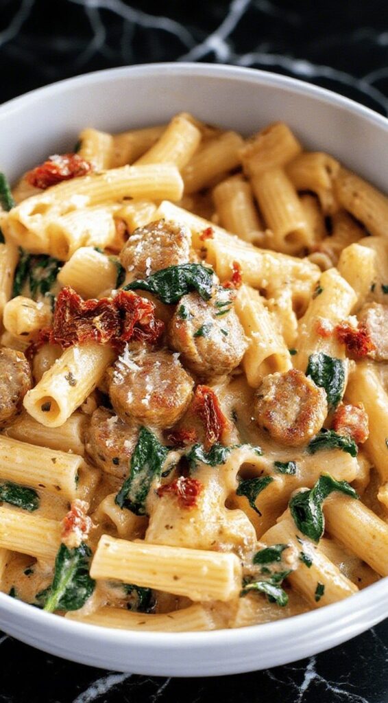Served Tuscan sausage pasta garnished with basil and Parmesan