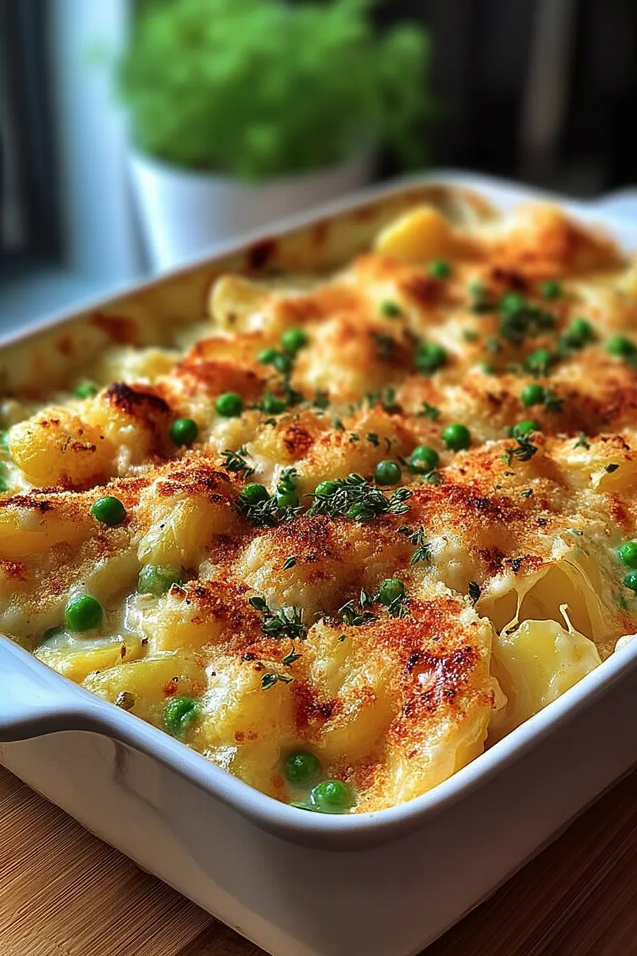 Spring Veggie Loaded Chicken Potato Casserole Plated Dish