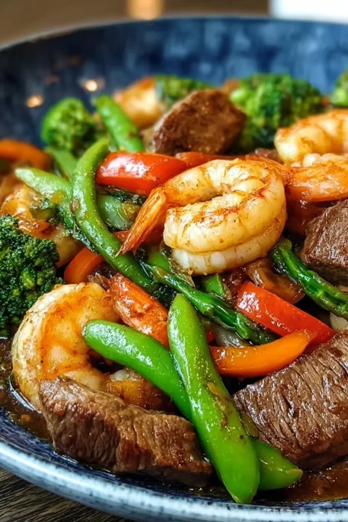 Delicious Steak and Shrimp Stir Fry in a Colorful Bowl