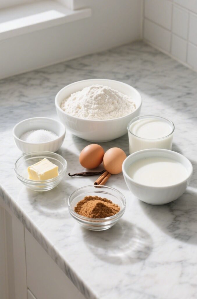 Overhead view of Tres Leches Cinnamon Rolls ingredients arranged