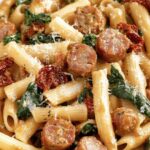 creamy Tuscan sausage pasta with basil and Parmesan