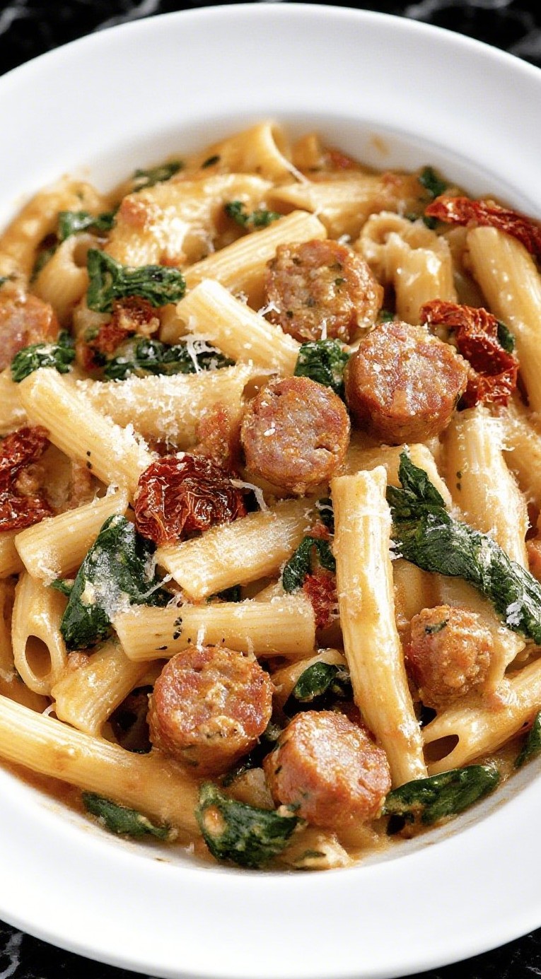 creamy Tuscan sausage pasta with basil and Parmesan
