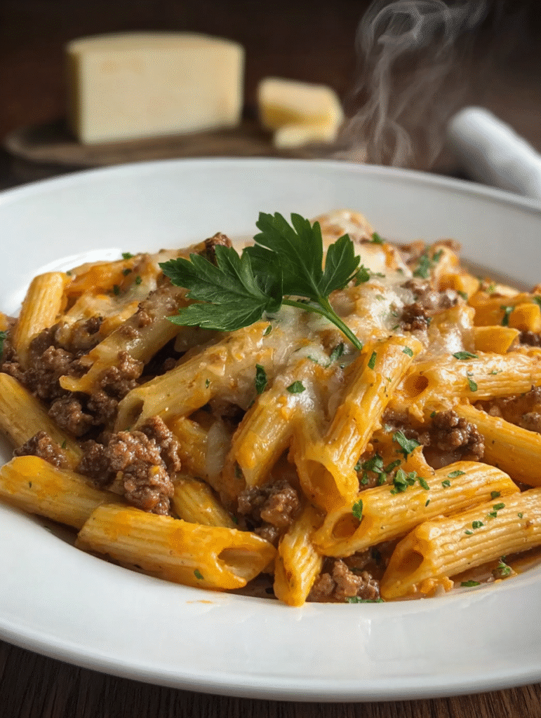 Cheesy Penne with Garlic Butter Ground Beef