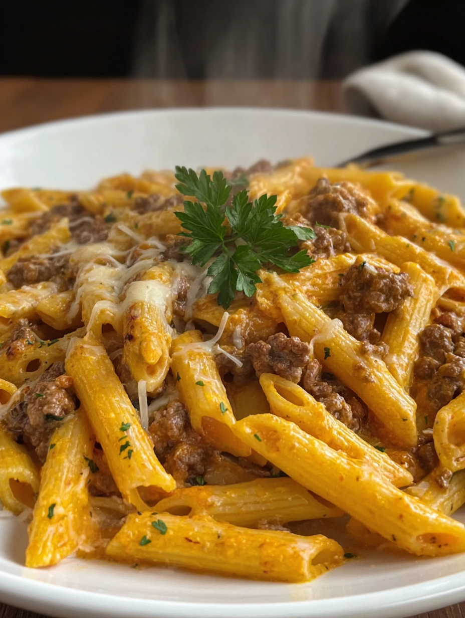 Cheesy Penne with Garlic Butter Ground Beef