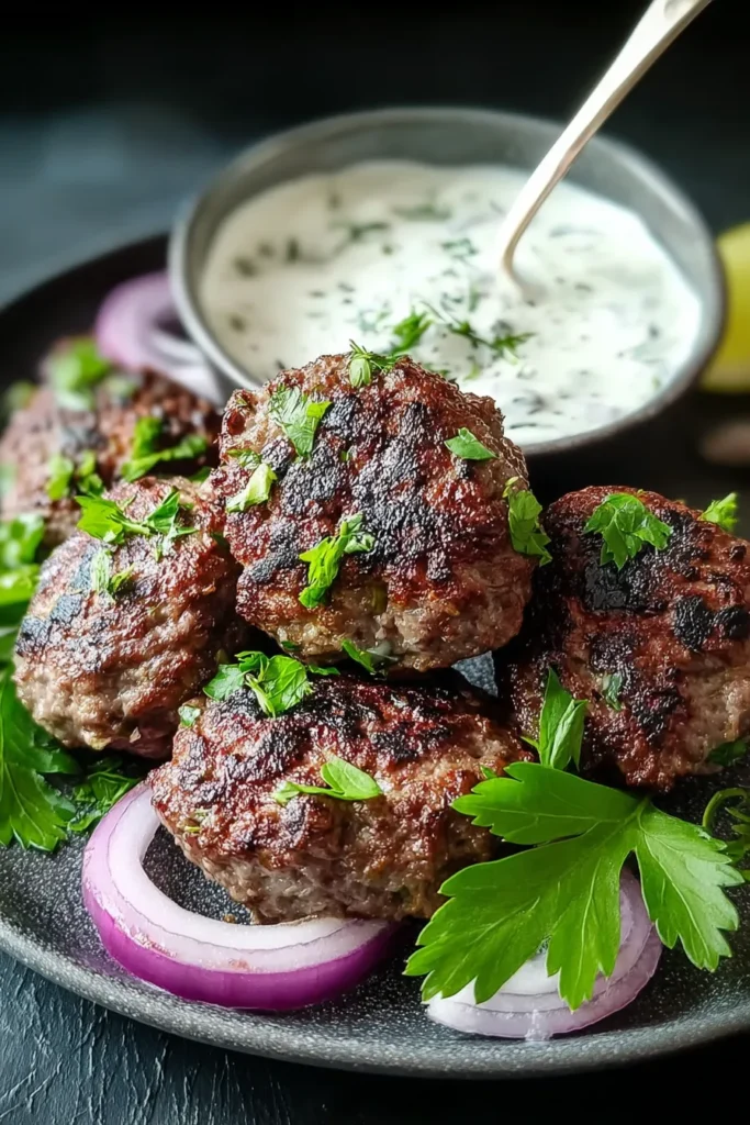 Delicious Beef Kofta with Garlic Yogurt Sauce on a Plate