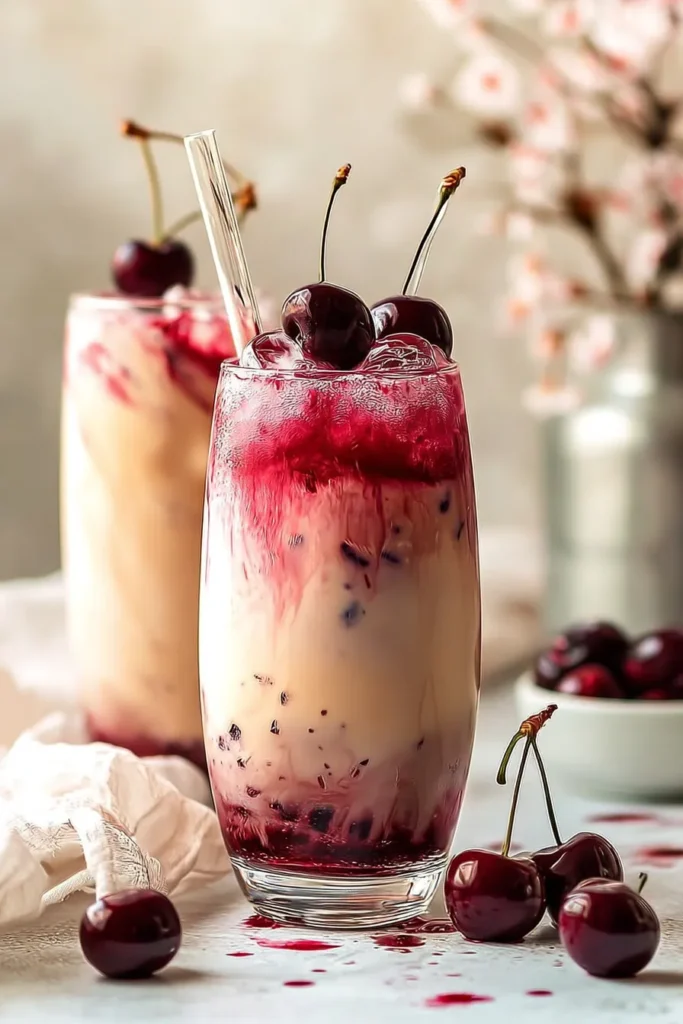 Cherry Earl Grey Milk Tea in a Charming Glass