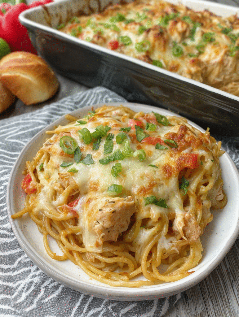 The Best Spicy Southern Cheesy Chicken Spaghetti Casserole