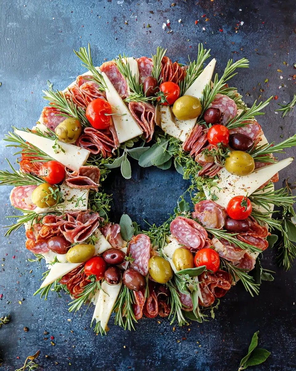 Beautiful charcuterie wreath with meats, cheeses, and fresh herbs arranged in festive circular pattern