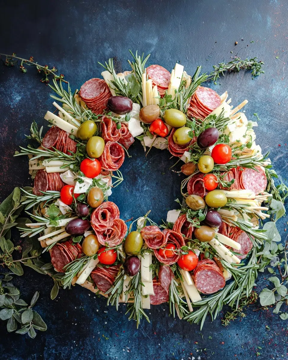 Elegant charcuterie wreath displayed on wooden board with festive holiday garnishes